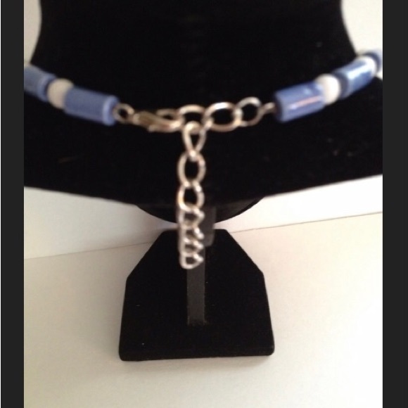 Lampwork Glass Blue White Stripped Necklace Murano Set - Picture 6 of 6